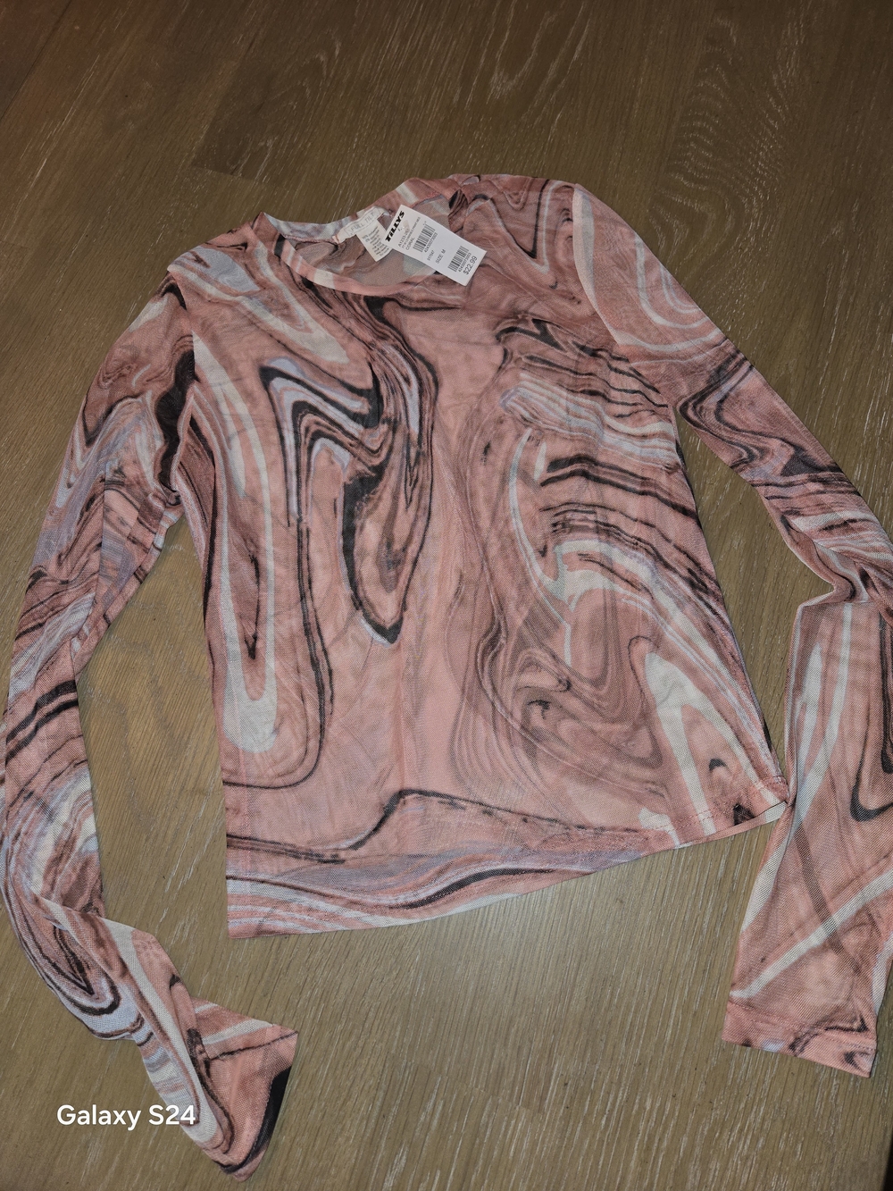 Full Tilt Pink Marble-Print Sheer Long  Sleeve Top Sz M New